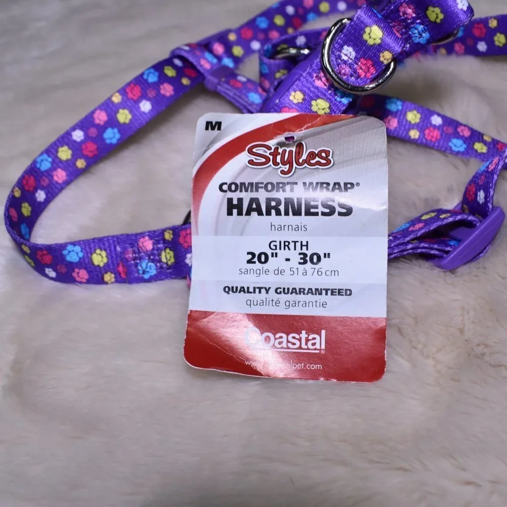 Purple Dog Harness Size Medium Paw Print Adjustable